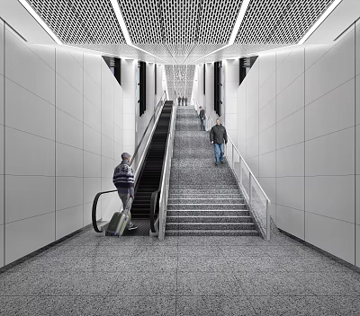 Modern Escalator Hallway With Staircase People Walking White Walls And Gray Flooring 3d model
