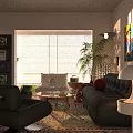 Black Sofa And Coffee Table Set With Colorful Rug Green Plants And Wall Art