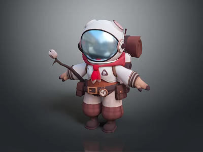 Cartoon Astronaut Character With White Suit Red Scarf And Small Creature On Stick 3d model