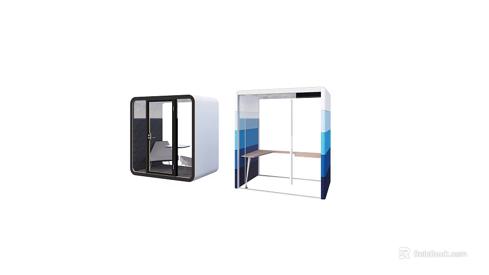 Modern Public Facilities Private Booths With Transparent Doors Blue Striped Tables And Chairs 3d model 