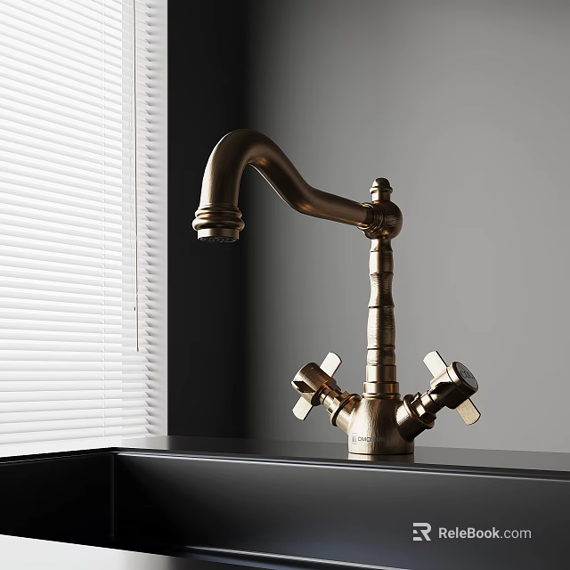 Brass Kitchen Faucet On Black Countertop With White Window Blinds 3d model 