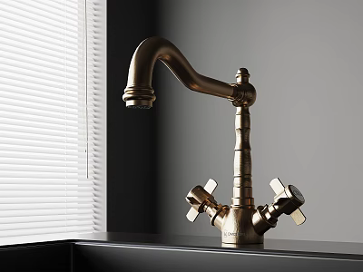 Brass Kitchen Faucet On Black Countertop With White Window Blinds 3d model