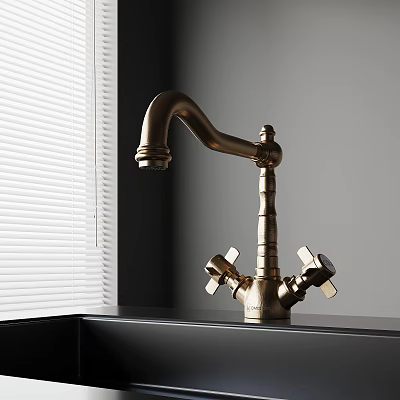 Brass Kitchen Faucet On Black Countertop With White Window Blinds 3d model