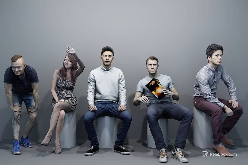 Group of Diverse People Sitting on Stools with Casual Poses Against Gray Background 3d model 