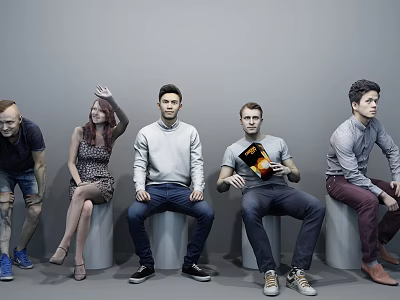 Group of Diverse People Sitting on Stools with Casual Poses Against Gray Background 3d model