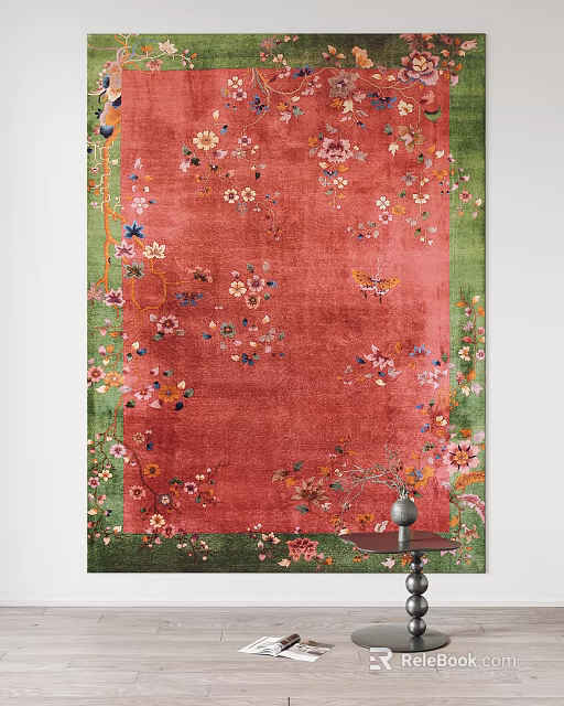 Vintage Red Square Carpet with Floral Bird Patterns and Green Border 3d model