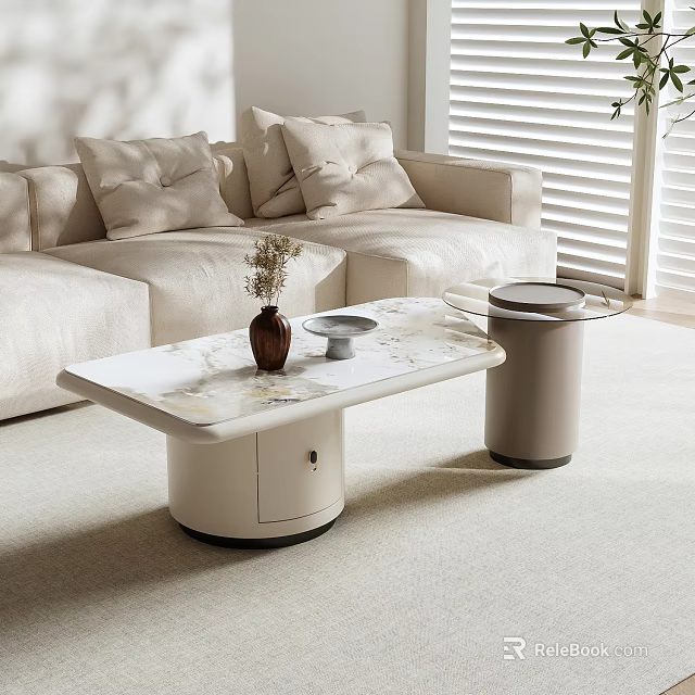 Modern Living Room Coffee Table With Sleek Marble Top Light Sofa And Throw Pillows 3d model