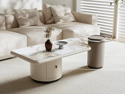 Modern Living Room Coffee Table With Sleek Marble Top Light Sofa And Throw Pillows 3d model