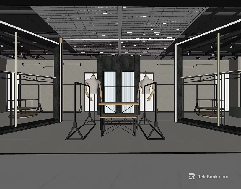 Modern Clothing Store Interior With Display Racks Mannequins And Mirrors 3d model 