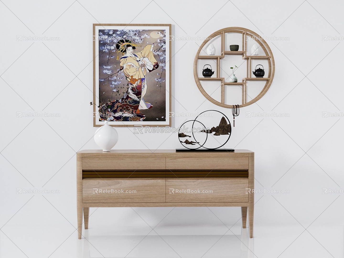 Japanese Style Sideboard Solid Wood Sideboard Decorative Cabinet 3d model