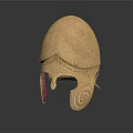 Golden Vintage Helmet Sculpture With Detailed Carving Patterns And Reflective Base