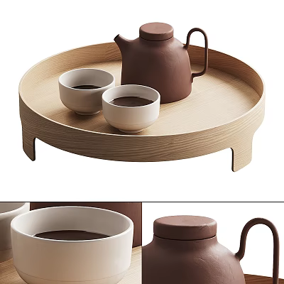 Minimalist Tea Set with Wooden Tray Ceramic Teapot and White Tea Cups 3d model