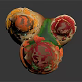 Vibrant Fantasy Mushrooms with Orange Red Caps and Green Eyes Cartoon Style Plant Design