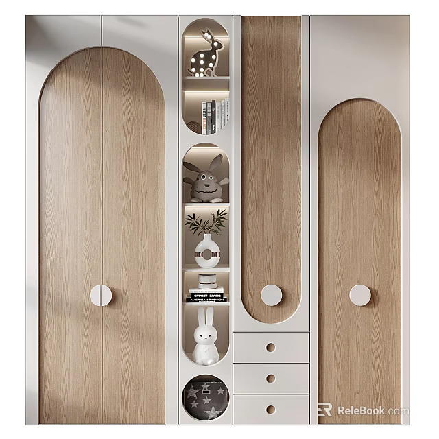 Modern Wooden Wardrobe With Arched Doors Open Shelves Rabbit Figurine Plant And Books White Drawers 3d model 