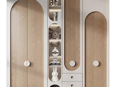 Modern Wooden Wardrobe With Arched Doors Open Shelves Rabbit Figurine Plant And Books White Drawers 3d model