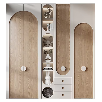 Modern Wooden Wardrobe With Arched Doors Open Shelves Rabbit Figurine Plant And Books White Drawers 3d model