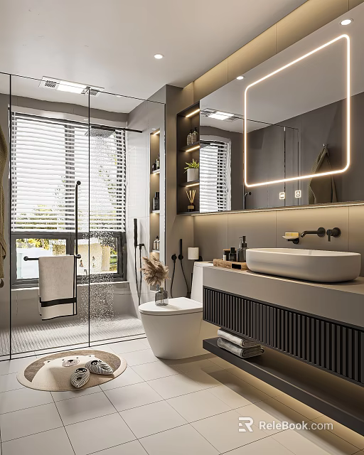 Modern Bathroom Interior Featuring Glass Shower Blinds Backlit Mirror And Wall Mounted Sink 3d model 