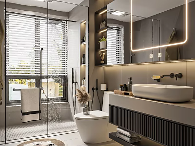 Modern Bathroom Interior Featuring Glass Shower Blinds Backlit Mirror And Wall Mounted Sink 3d model