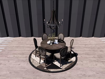 Elegant Round Dining Table Set With Four Chairs Chandelier And Round Rug On Wooden Floor 3d model