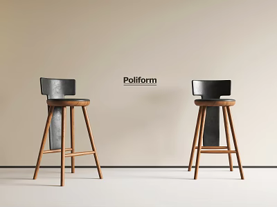 Modern Poliform Bar Stools Featuring Wooden Legs And Black Backrest Design 3d model