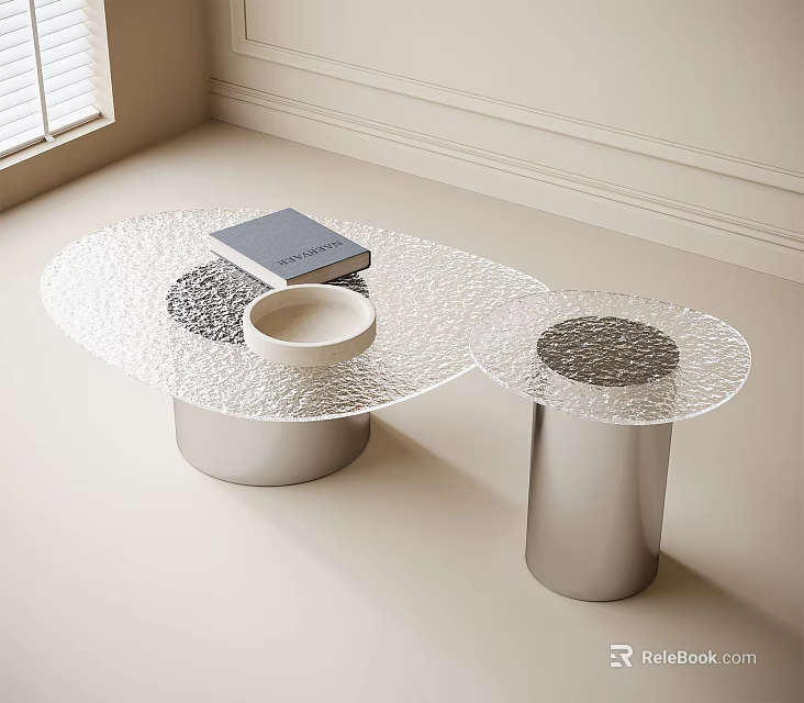 Modern Glass Coffee Table With Round Tops Silver Metal Base And Blue Book White Bowl 3d model 