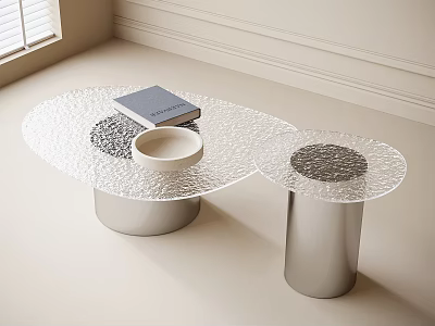 Modern Glass Coffee Table With Round Tops Silver Metal Base And Blue Book White Bowl 3d model