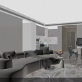 Modern Living and Dining Room Interior With Grey Sofa TV Wall Dining Table And Plants