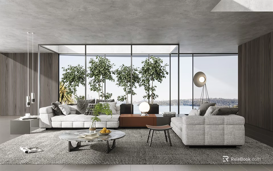 Modern Living Room With Large Windows Indoor Plants White Sofas Coffee Table And Scenic View 3d model 