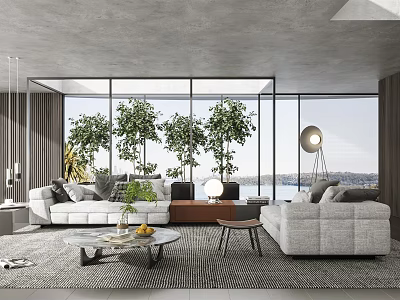 Modern Living Room With Large Windows Indoor Plants White Sofas Coffee Table And Scenic View 3d model