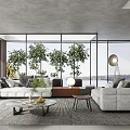 Modern Living Room With Large Windows Indoor Plants White Sofas Coffee Table And Scenic View