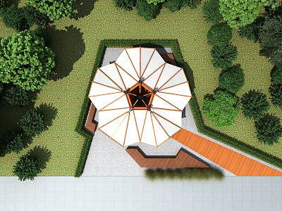 White Umbrella Shaped Pavilion With Wooden Walkway And Surrounding Green Trees On Paved Ground 3d model