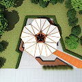 White Umbrella Shaped Pavilion With Wooden Walkway And Surrounding Green Trees On Paved Ground