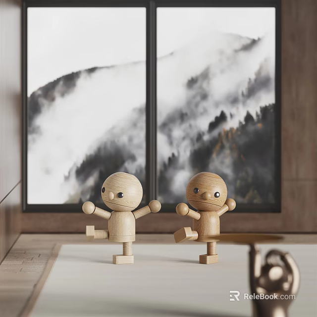 Two Decorative Wooden Figurines In Modern Interior With Mountain View Window 3d model