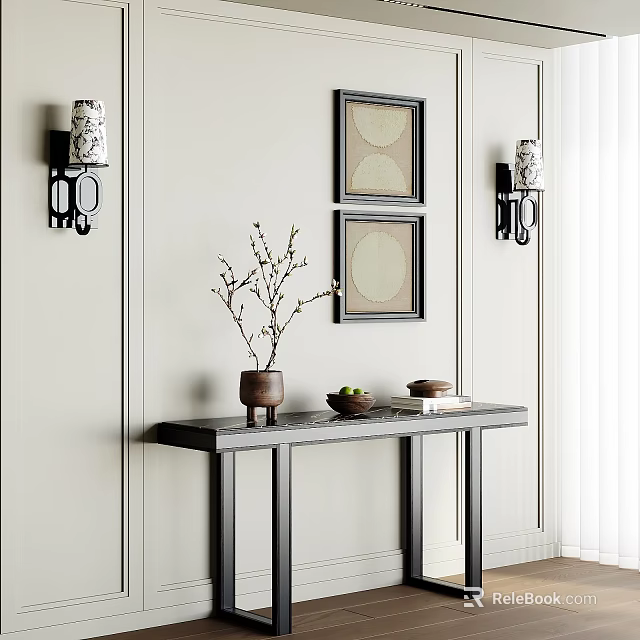 Elegant Console Table With Framed Art Wall Sconces Branch Vase And Books 3d model