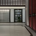 Elegant Modern Hotel Lobby Interior With Wooden Grille Wall And Symmetric Lighting Design
