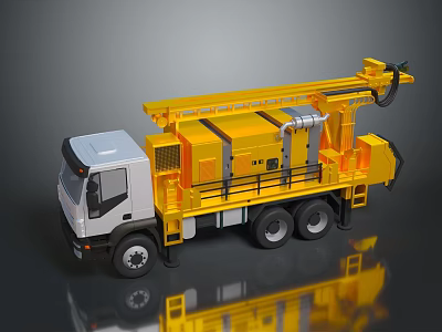Yellow and White Heavy Duty Utility Vehicle With Large Mechanical Drilling Structure For Construction 3d model