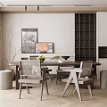 Modern Dining Room Interior With Wooden Table Woven Chairs Art Paintings And Storage Cabinets