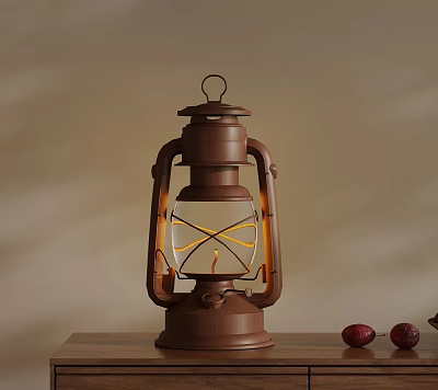 Vintage Brown Kerosene Lamp Placed On Wooden Tabletop With Two Small Red Fruits 3d model