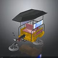 Yellow Three Wheeled Tricycle With Gray Canopy Pink Seat And Blue Signboard