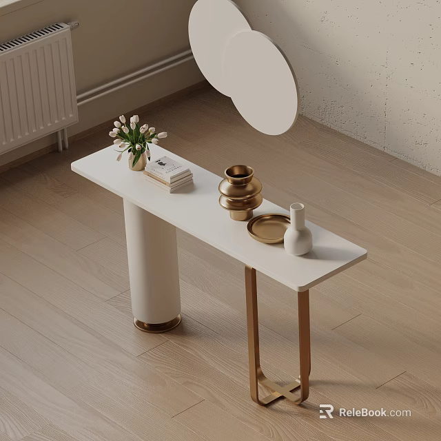 White Console Table With Gold Legs Vase Golden Container And Mirror On Wooden Floor 3d model 