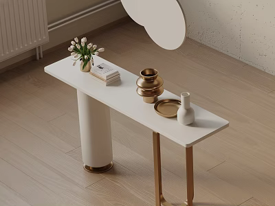 White Console Table With Gold Legs Vase Golden Container And Mirror On Wooden Floor 3d model