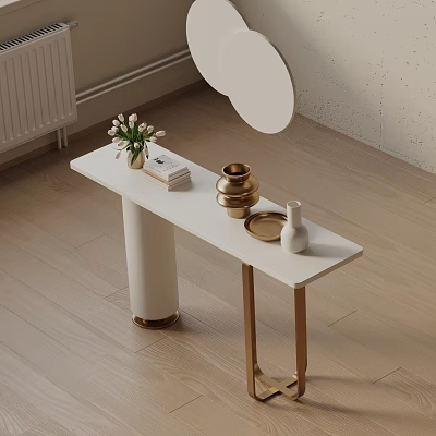 White Console Table With Gold Legs Vase Golden Container And Mirror On Wooden Floor 3d model