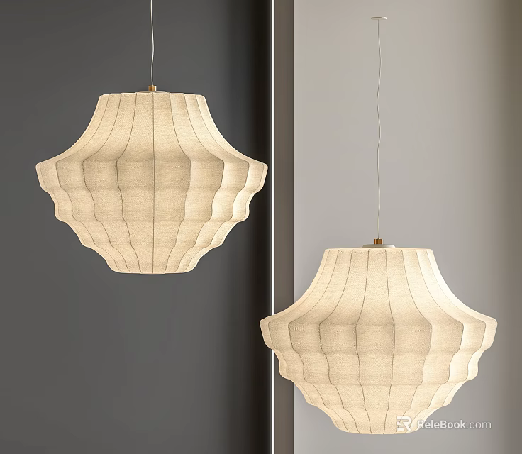 Beige Fabric Pendant Light With Pleated Design Hanging Against Gray Wall 3d model 