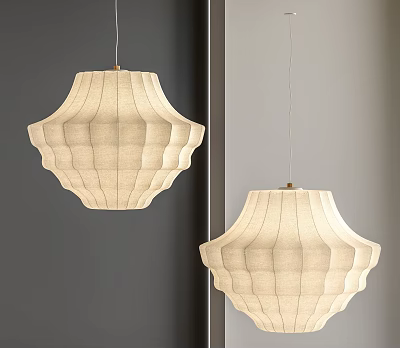 Beige Fabric Pendant Light With Pleated Design Hanging Against Gray Wall 3d model