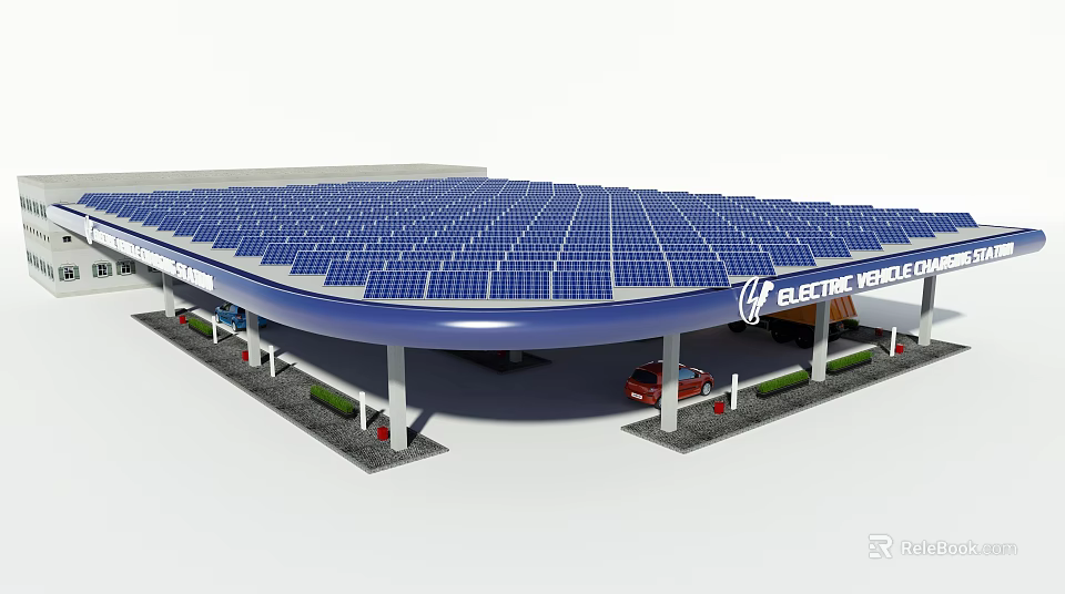 Solar Panel Covered Electric Vehicle Charging Station With Vehicles And Canopy 3d model 