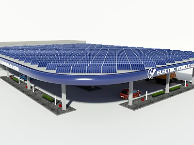 Solar Panel Covered Electric Vehicle Charging Station With Vehicles And Canopy 3d model