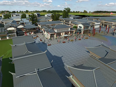 Traditional Commercial Street With Ancient Architecture Gray Roofs Shops Pedestrian Plaza And Trees 3d model