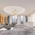 Modern Luxury Store Front Desk With Marble Floor Round Ceiling Arched Doorway And Floral Decor