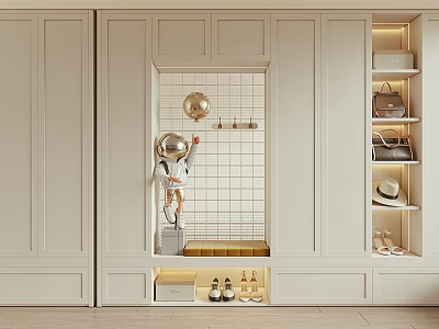 Modern Light Colored Shoe Cabinet with Grid Background Lighting Storage for Shoes Bags and Hat 3d model
