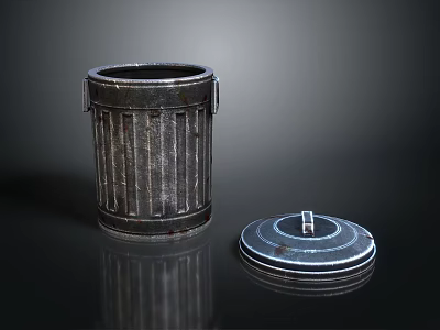 Metal Trash Can With Striped Design And Silver Lid With Handle On Dark Background 3d model